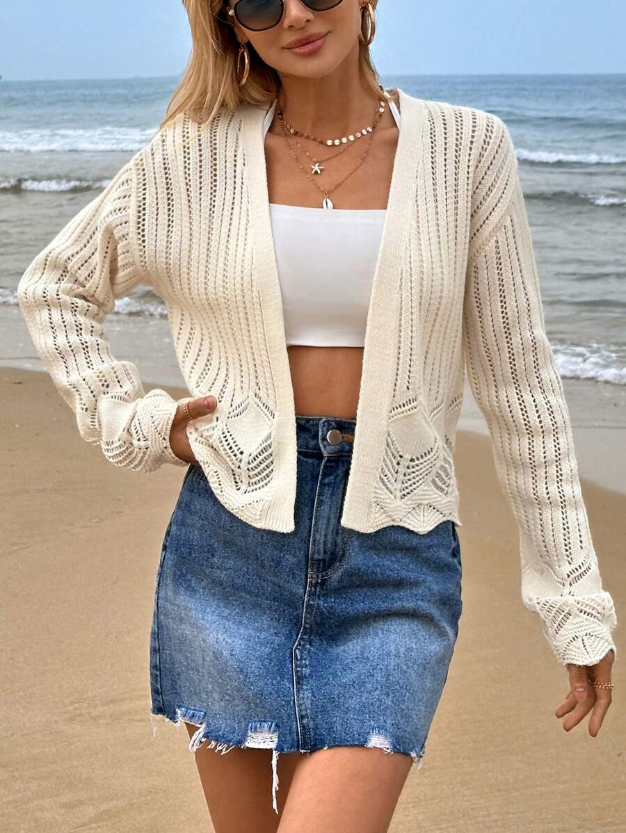 Solid Open Knit Kimono, For Summer Beach Vacation
