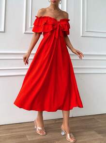 EURMUSE Off Shoulder Frill Knot Layered Gathering Dess - Red - View 4