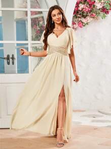 UNITHORSE 性感露背亮片紧身连衣裙、伴娘服、女士生日服装、毕业礼服、正式礼服 - 杏色 - 查看 8