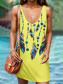 SHEIN LUNE 波西米亞風格羽毛女性夏季休閒無袖裙 - 黃色 - 查看 3