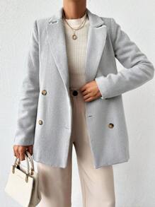 SHEIN Cottnline Women's Solid Color Double-Breasted Long Sleeve Blazer - Light Grey - View 4