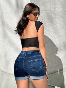 RueChic Elastic, Low Waist, Destroyed Short - Dark Wash - View 2