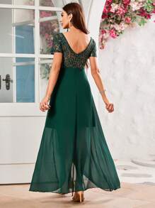 Contrast Lace V-neck High Low Hem Chiffon Bridesmaid Dress - Dark Green - View 2
