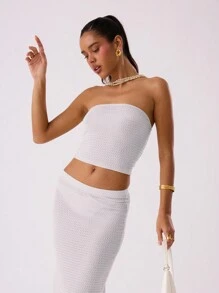 MUSERA Beach Textured Mesh Long Line Bandeau Top - White - View 3