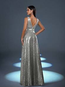 Faeriesty Fashionable Party Deep V-Neck Backless Sequin Dress - Silver - View 2