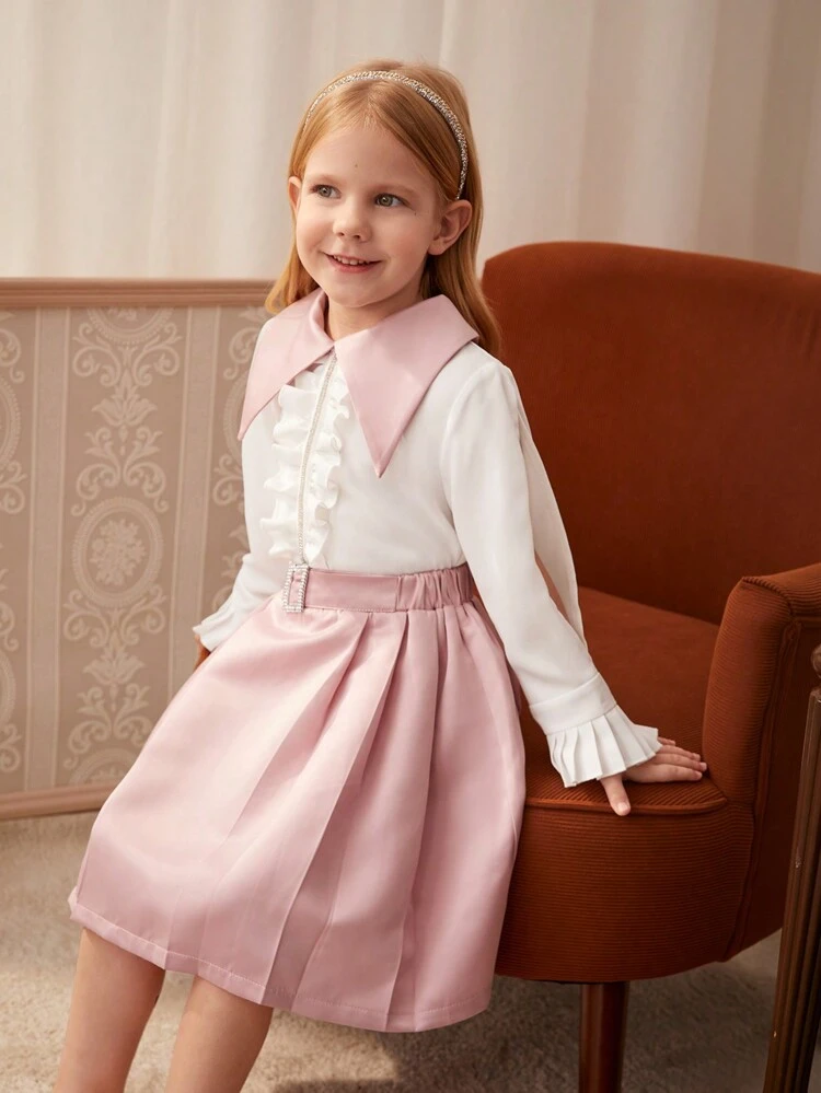 Young Girl Colorblock Pleated Collar Lace Trim Long Sleeve Top And Solid Color Skirt Elegant Two-Piece Set