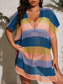 SHEIN Swim Curve Plus Size Solid Color V-Neck Contrast Striped Casual Dress With Split Hem And Cover Up,Summer Beach - Teal Blue - View 1