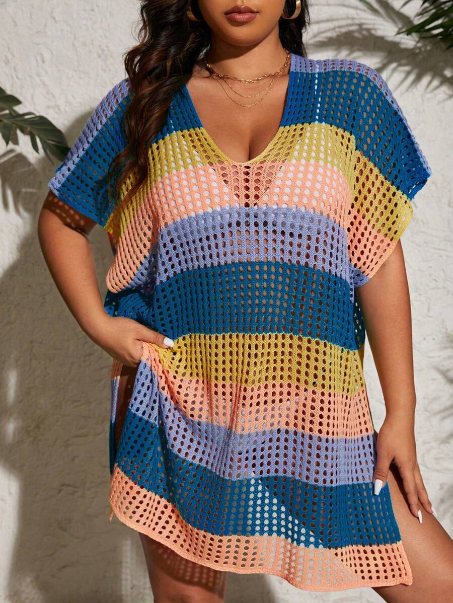 SHEIN Swim Curve Plus Size Solid Color V-Neck Contrast Striped Casual Dress With Split Hem And Cover Up,Summer Beach - Teal Blue - View 1