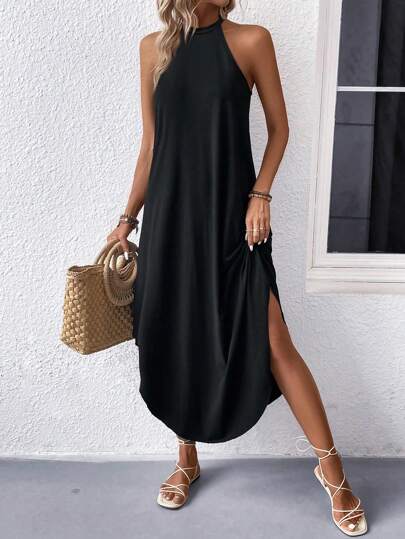 Women's Fashion Solid Color Asymmetric Hem Halter Neck Dress