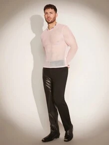 FeverCity Jersey transparente de manga larga y cuello redondo de unicolor para hombre, primavera/verano