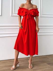 EURMUSE Off Shoulder Frill Knot Layered Gathering Dess - Red - View 5
