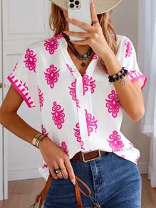 SHEIN LUNE 女式V領花卉印花短袖休閒襯衫，夏季 - 玫紅色 - 查看 3