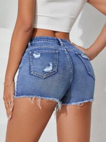 SHEIN Tall Women's Fashionable Stretchy Distressed Washed Denim Shorts For Casual Wear - Dark Wash - View 2