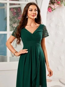 Contrast Lace V-neck High Low Hem Chiffon Bridesmaid Dress - Dark Green - View 3