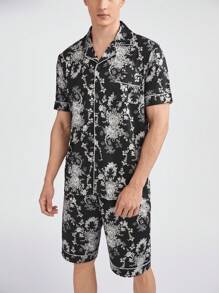 Men's Color-Block Edging Allover Print Short Sleeve Shirt With Front Button Closure And Shorts, Summer Homewear Set - Multicolor - View 1
