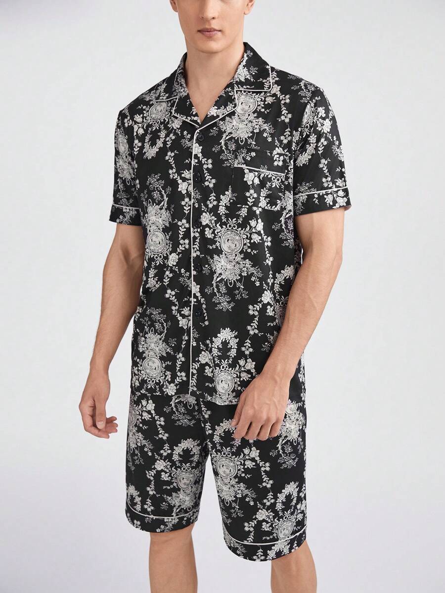 Men's Color-Block Edging Allover Print Short Sleeve Shirt With Front Button Closure And Shorts, Summer Homewear Set - Multicolor - View 1