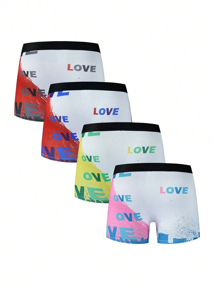 Men's Letter Printed Color Block Trimmed Boxer Briefs (4 Pieces/Set)