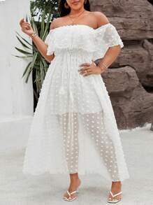 Breezaya 大尺碼女士度假露肩雪紡提花流蘇束腰連衣裙 - 白色 - 查看 6