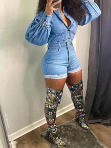 Women's Solid Color Rolled Edge All-Match Versatile Short Jeans With Pockets And Buttons - Rửa trung bình - Xem 4
