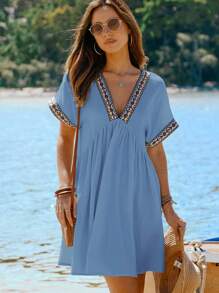 INAWLY 女性度假沙灘編織腰帶拼接蝙蝠袖連衣裙 - 藍色 - 查看 3