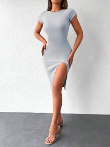 EURMUSE Solid Split Thigh Bodycon Dress - Màu Xám nhạt - Xem 4