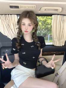 女士夏季水钻蝴蝶结设计短袖T恤休闲款 - 黑色 - 查看 3