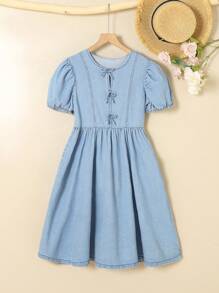 TWEEN GIRL Elegant Academy Lady Style Puff Sleeve Denim Dress With Bow Detail, Light Wash