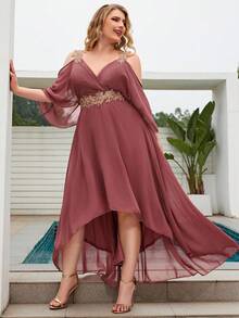 Plus Appliques Cold Shoulder High Low Hem Chiffon Bridesmaid Dress Elegant Dress - Redwood - View 5