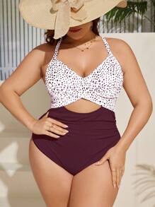 SHEIN Swim Curve 2025 大码女式波尔卡圆点印花交叉镂空性感细肩带连体泳衣夏季 - 紅色 - 查看 3