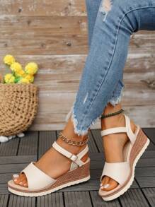 Women's Beige Buckle Strap Platform Sandals With Wedge Heels - Beige - View 5