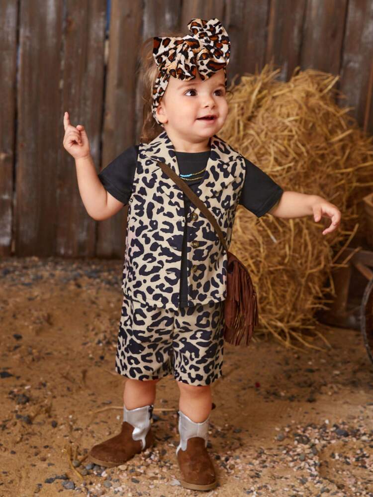 Baby Girl Fashionable Leopard Print Design Summer 3-Piece Daily Casual Outfit Set