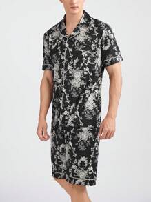 Men's Color-Block Edging Allover Print Short Sleeve Shirt With Front Button Closure And Shorts, Summer Homewear Set - Multicolor - View 4