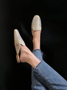 Women's Chinese Style Gold Mules, Closed Toe Flat Slippers - Multicolor - View 5