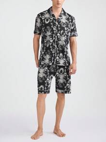 Men's Color-Block Edging Allover Print Short Sleeve Shirt With Front Button Closure And Shorts, Summer Homewear Set - Multicolor - View 5