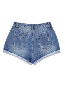 Women's Fashion Print Applique Washed Denim Shorts Casual Summer - Blue - View 5