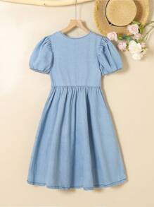 TWEEN GIRL Elegant Academy Lady Style Puff Sleeve Denim Dress With Bow Detail, Light Wash