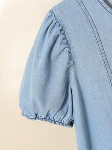 TWEEN GIRL Elegant Academy Lady Style Puff Sleeve Denim Dress With Bow Detail, Light Wash