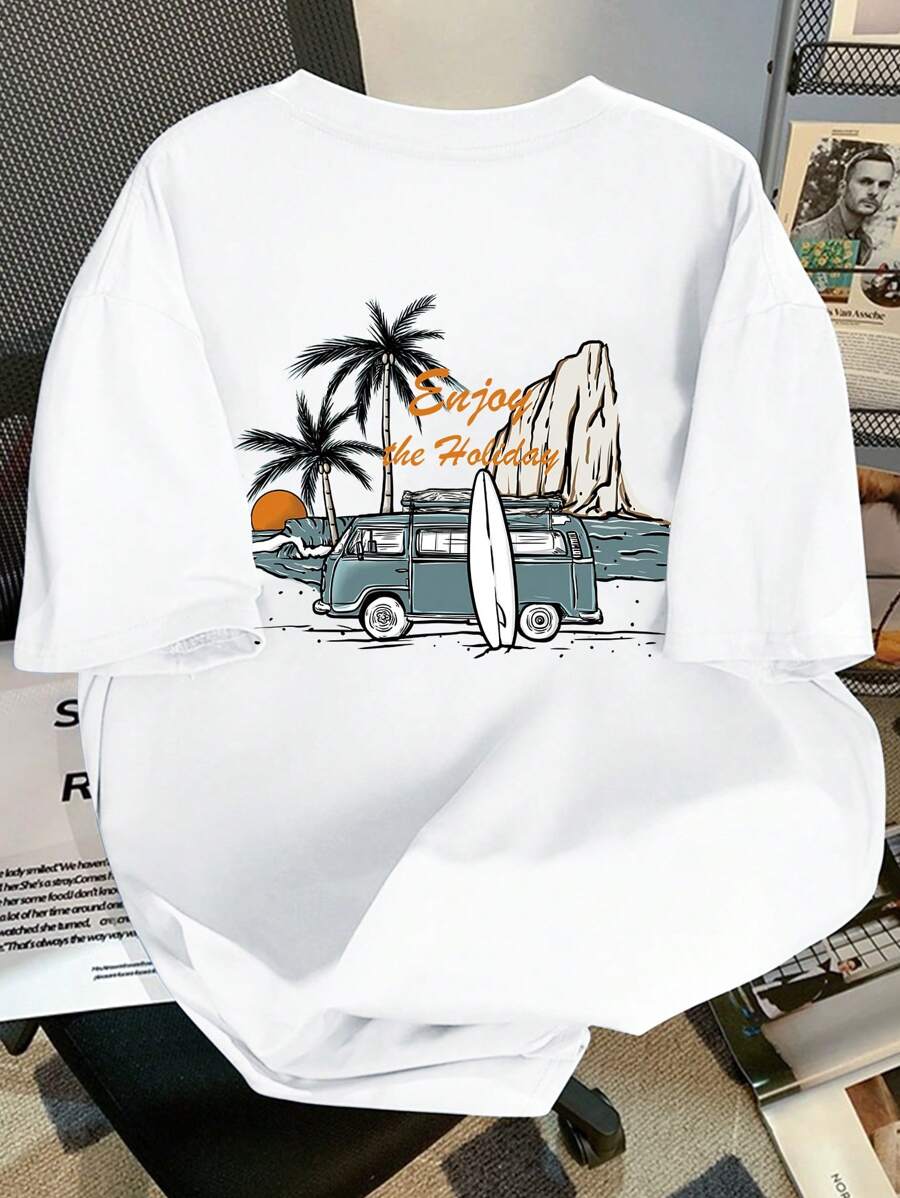 Manfinity Chillmode Men's Simple Printed Short Sleeve Round Neck T-Shirt, Graphic Hoodies Street Wear - White - View 1