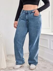 EURMUSE Plus Size  Casual Daily Wear Straight Leg Jeans - Medium Wash - View 3