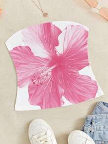 SHEIN EZwear Top tubo casual con estampado floral de hibisco rosa, verano - Blanco - Ver 6