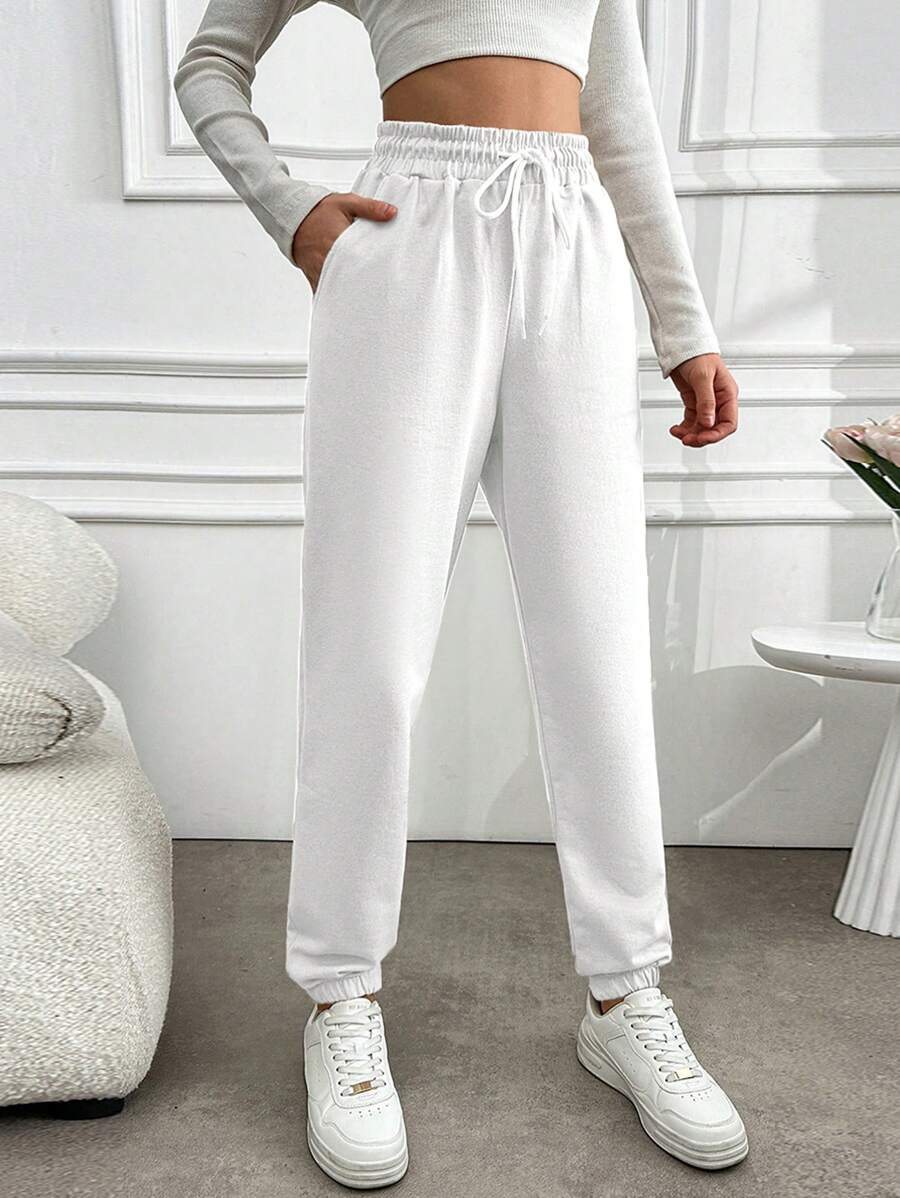 EURMUSE Women's Solid Color Drawstring Waist & Cuffed Hem Sweatpants - White - View 1