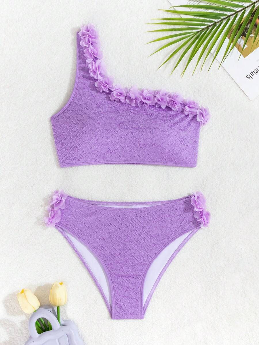 SHEIN Swim 夏季女士纯色 3D 花朵装饰单肩性感比基尼套装度假