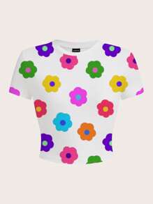 SHEIN EZwear Women Casual Full Floral Print White Tight Crew Neck Short Sleeve Cropped Top, Suitable For Summer