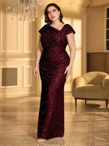 Vestido formal de UNITHORSE con escote asimétrico y plisado con lentejuelas en talla grande para fiestas, bodas, invitadas, eventos nocturnos, novia, cumpleaños, graduación, vestido de gala