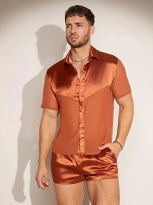 FeverCity Men's Solid Color Simple Daily Wear Short Sleeve Shirt And Shorts Set - Rust Brown - View 5