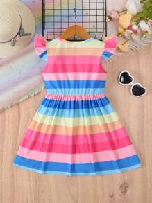 SHEIN Vestido de niña joven con cuello redondo y diseño plisado a rayas de varios colores - Multicolor - Ver 2