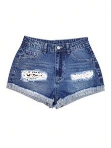 Women's Fashion Print Applique Washed Denim Shorts Casual Summer - Blue - View 6