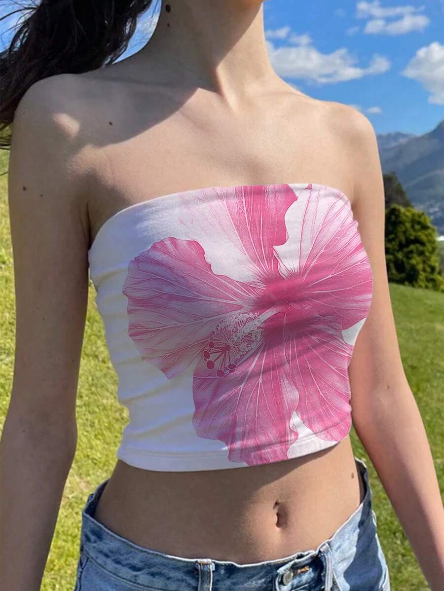 SHEIN EZwear Top tubo casual con estampado floral de hibisco rosa, verano - Blanco - Ver 1