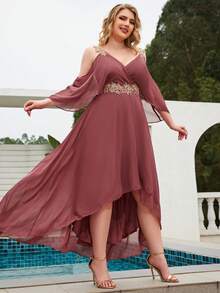 Plus Appliques Cold Shoulder High Low Hem Chiffon Bridesmaid Dress Elegant Dress - Redwood - View 4