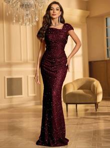 UNITHORSE Women's Asymmetric Neck Ruched Sequin Party Dress - Burgundy - View 6